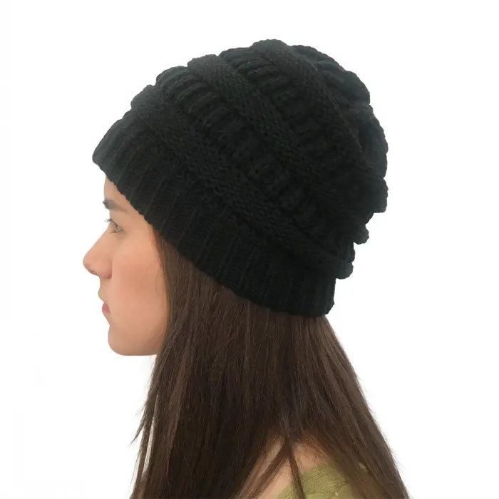 Женские зимние вязаные шапки, шерстяные теплые шапки, женские повседневные Шапки, одноцветные шапки-бини - Цвет: Black