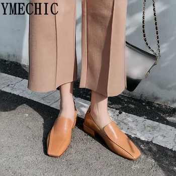 

YMECHIC 2019 Genuine Leather Chunky Block Heel Womens Shoes Black Yellow Square Toe Sewing Low Heels Pumps Spring Fashion Loafer