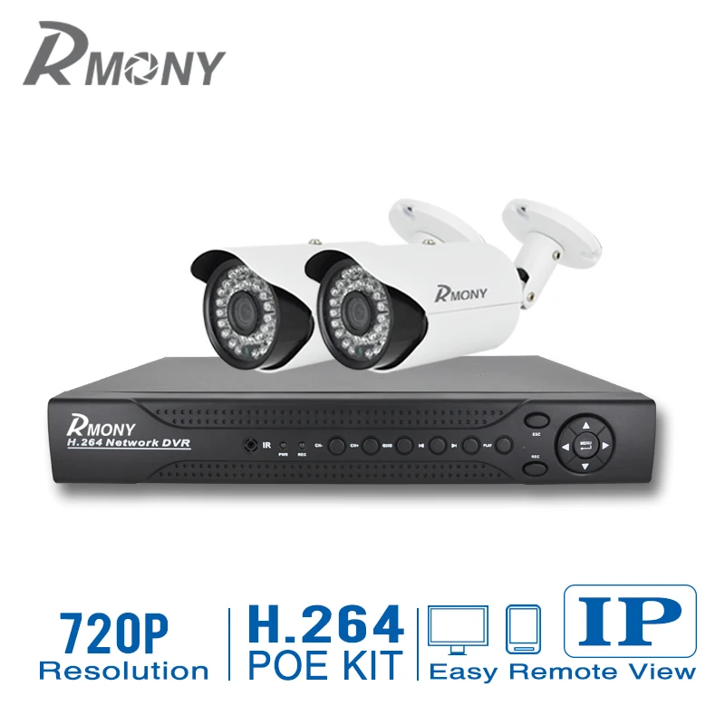  RMONY 4CH 1080N HDMI POE NVR Bullet 720P HD Outdoor Security Camera System 1.0 megapixel 2PCS Surveillance Kit IP Camera Set 