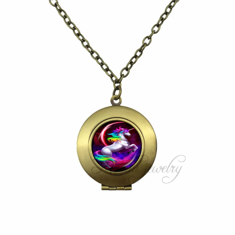 Rainbow Unicorn Locket Pendant Unicorn Glass Dome Necklace Unicorn