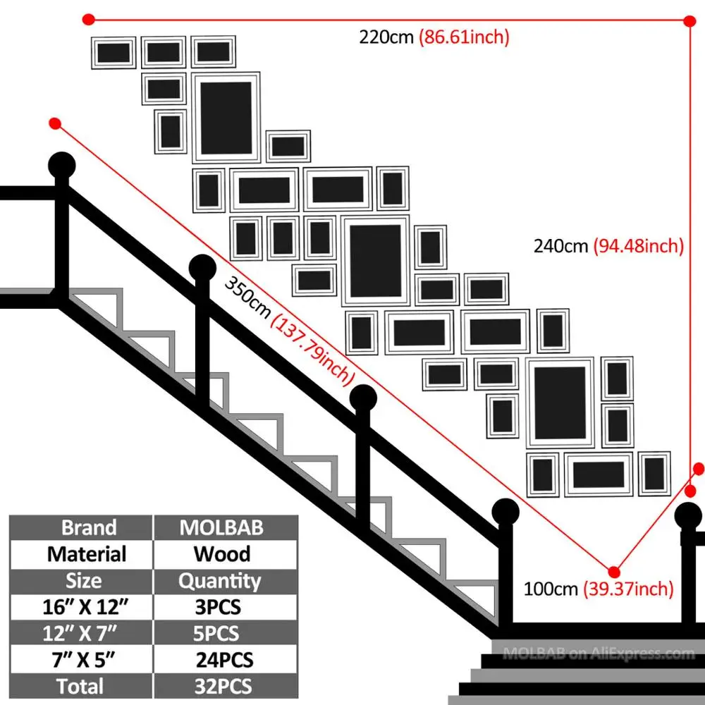 Molbab большие деревянные фоторамки лестница стена галерея 32 шт./компл. современный плоский границы деревянная рамка для домашнего украшения