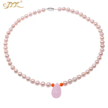 

JYX 2019 Lovely Heart quartz pearl necklace 6.5-7.5mm lavender Freshwater Pearl Necklace with pink crystal 18" Mother'day gift