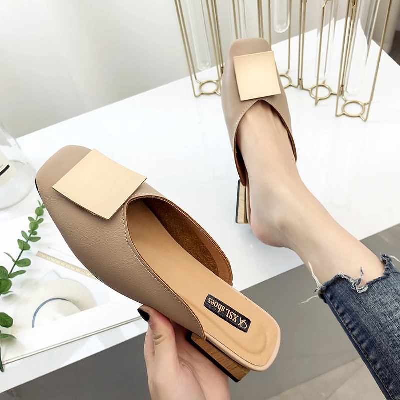 Summer Sandals Elegant Leather Mules Women Mules Shoes Ladies Slippers Low Heels Outdoor Slippers Slides Chaussures Femme