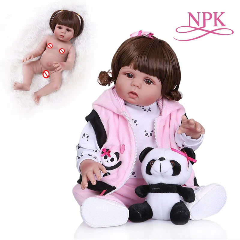 NPK 48 см Новорожденный bebe Кукла реборн малыш кукла девочка в платье с пандами всего тела Мягкий силикон может Ванна Анатомически правильная