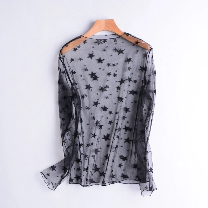 Mujeres Sexy malla de encaje ver a través ahueca hacia fuera transparente Camiseta punto Base Bottoming Camiseta Femininas Clubwear Mujeres Sexy malla de encaje ver a través ahueca hacia fuera transparente Camiseta punto Base Bottoming Camiseta Femininas Clubwear