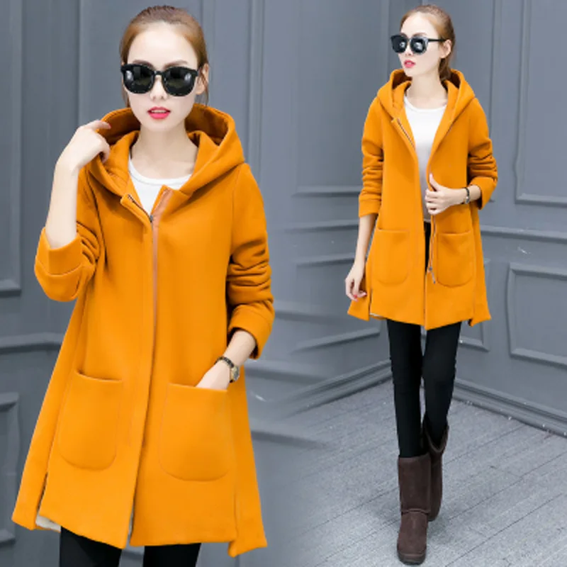 Осень-зима, Женская флисовая куртка, пальто, женские длинные пальто с капюшоном, верхняя одежда, теплая плотная Женская Красная приталенная куртка с капюшоном - Цвет: Yellow