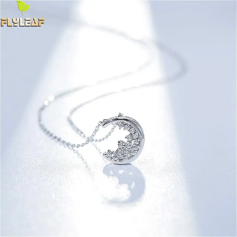 

Flyleaf 925 Sterling Silver Necklace Women Moon Cubic Zirconia Clavicle Chain Fashion Fine Jewelry Party Necklaces & Pendants