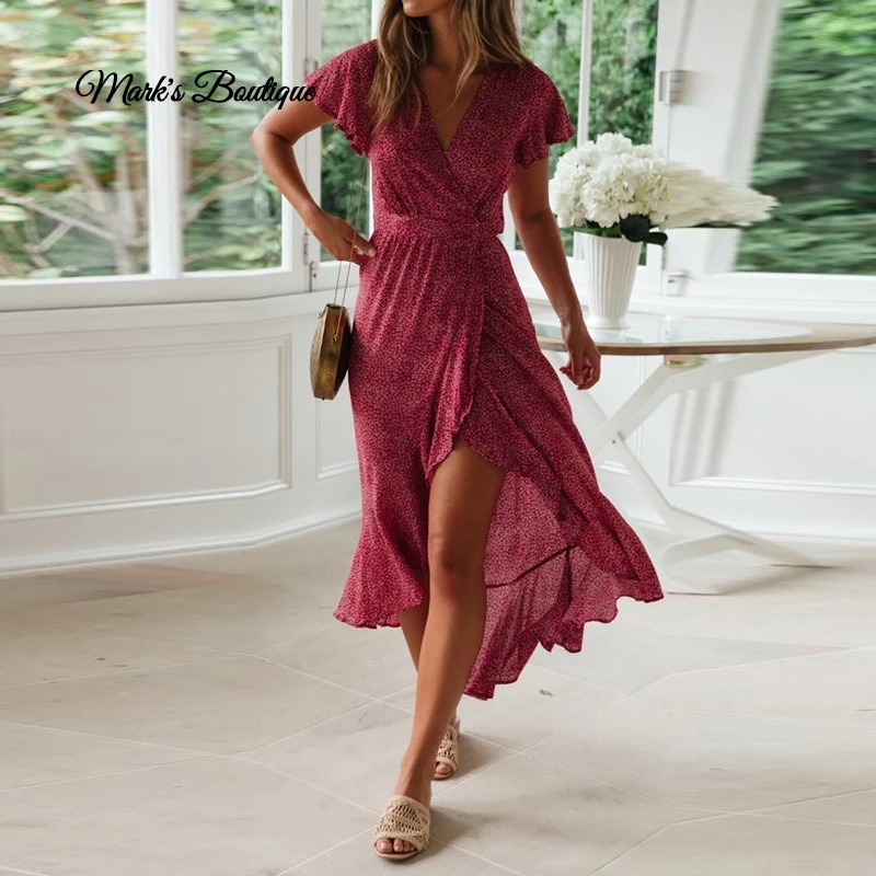 

Boho Floral Print Beach Dress Women Summer Long Chiffon Dresses Sexy High Slit V-Neck Wrap Bodycon Party Maxi Dress Ruffles Robe