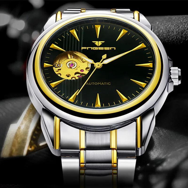 

FNGEEN Men's watches luxury Mechanical watch transparent bottom fashion Roman Index Gold Steel Clock Men relogio masculino