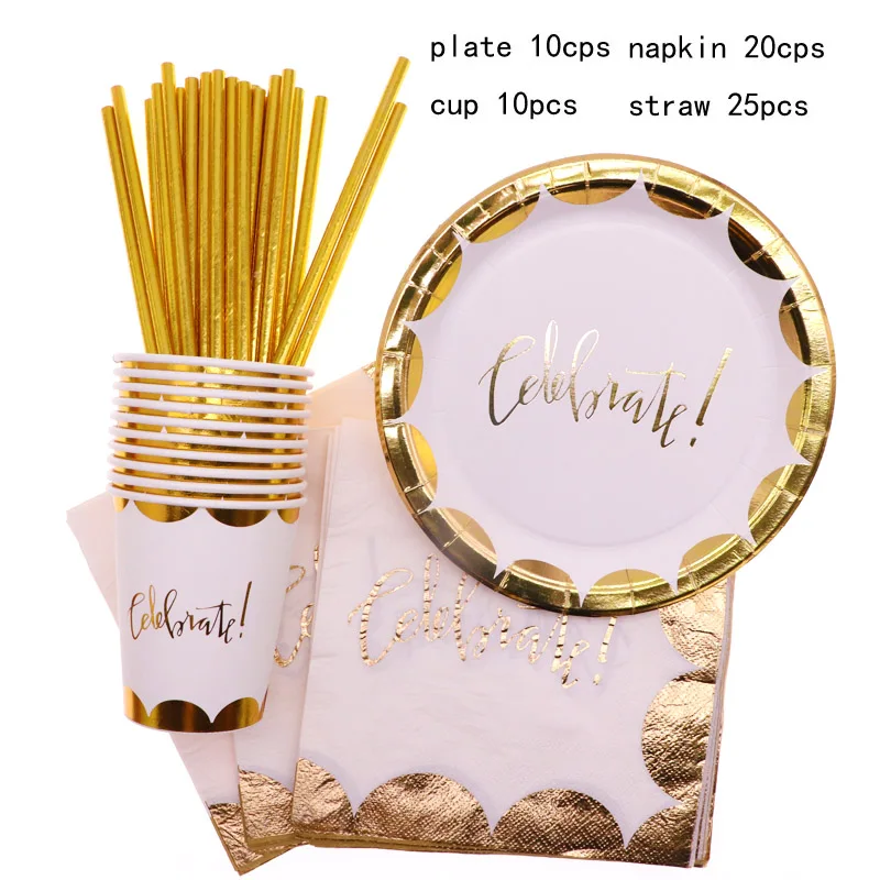 65pcs Birthday Party Supplies Foil Gold Disposable Wedding Decoration