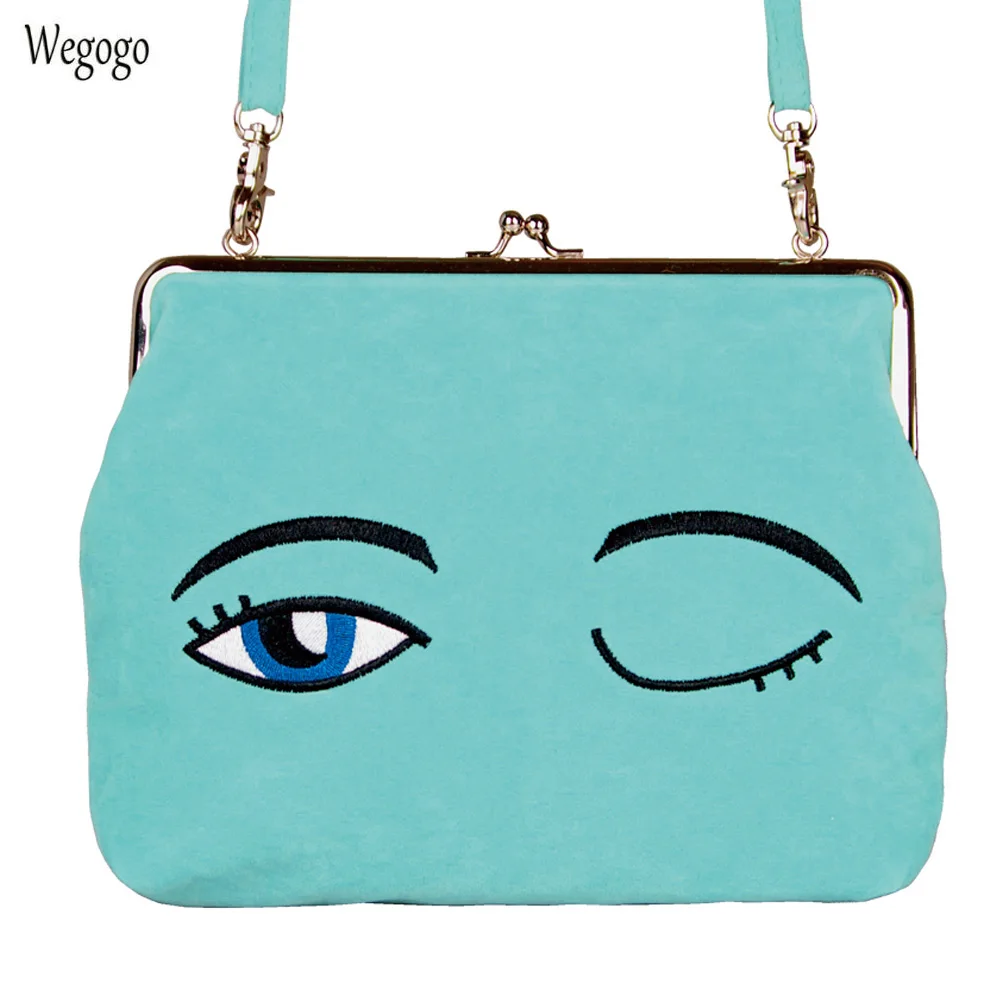 

Vintage Embroidery Messenger Bags Summer Women Travel Beach Bags Cute Eyes Velvet Satchels With Metal Clasp For Girls