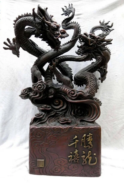 

bi002610 30" China huge red bronze fine workmanship beautiful two dragon play bead Statue