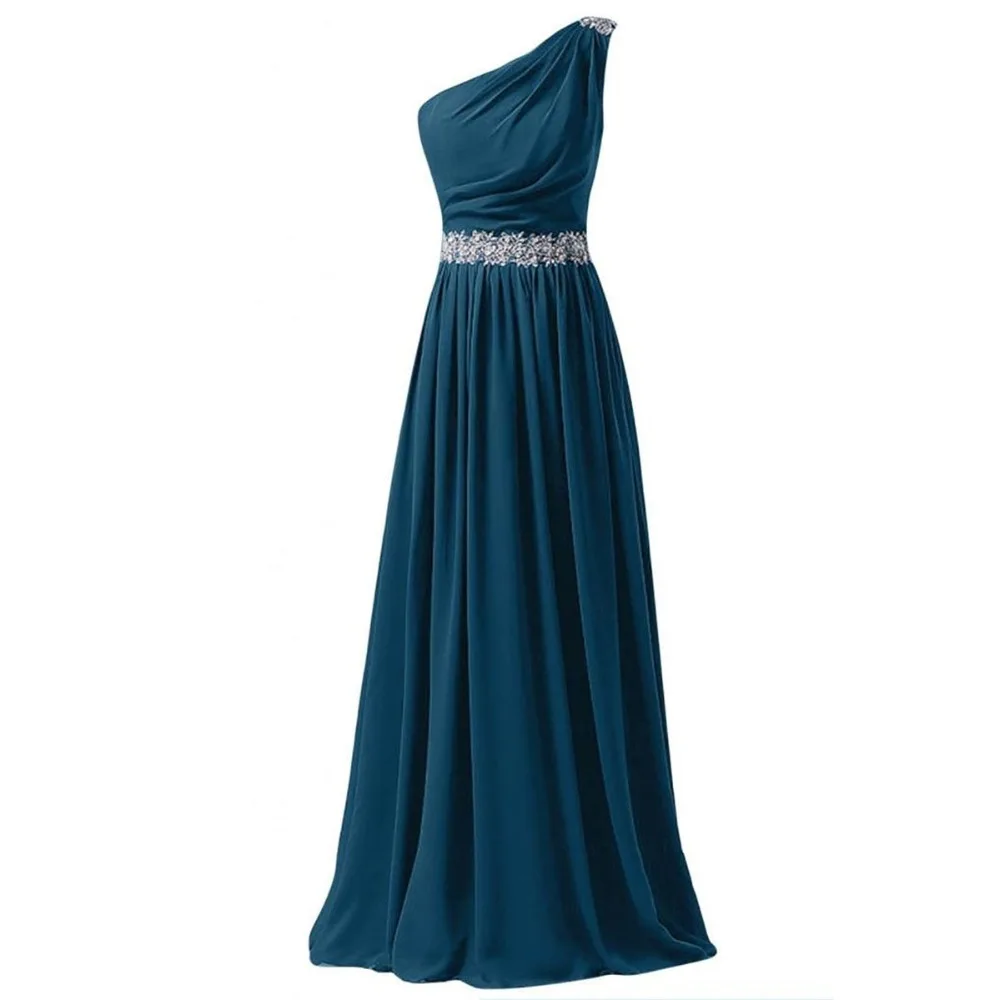 Long Prom Dresses 2017 Teal Blue Chiffon One-shoulder Beading Crystals A-line Evening Gown les robes de bal Graduation Dress | Свадьбы и