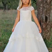 Кружевные Платья с цветочным узором для девочек на свадьбу, бальное платье в пол, пышные платья с короткими рукавами, платья для первого причастия для девочек