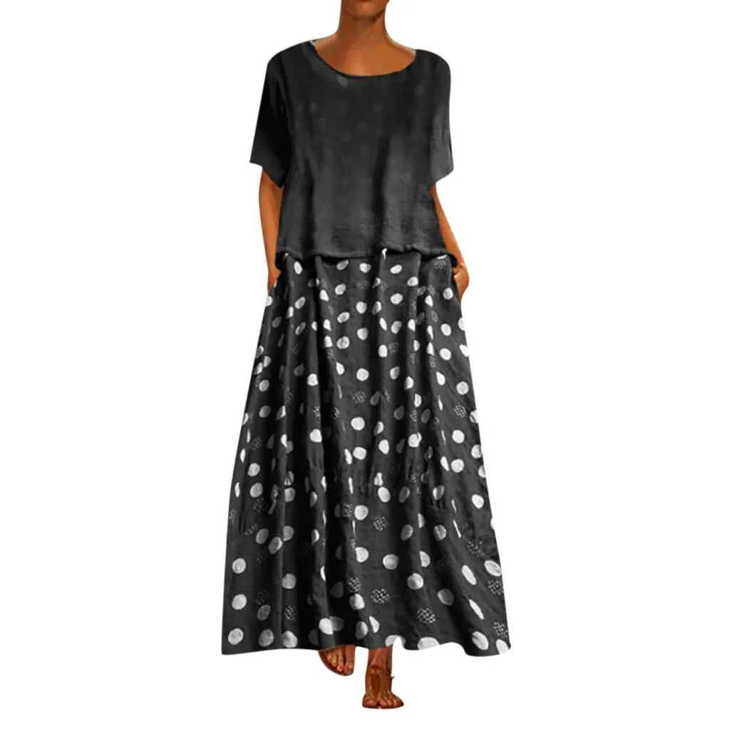 

Summer Maxi Dress Women Vintage O-Neck Dot Print Patchwork O-Neck Two Pieces Loose Dress vestidos de fiesta de noche