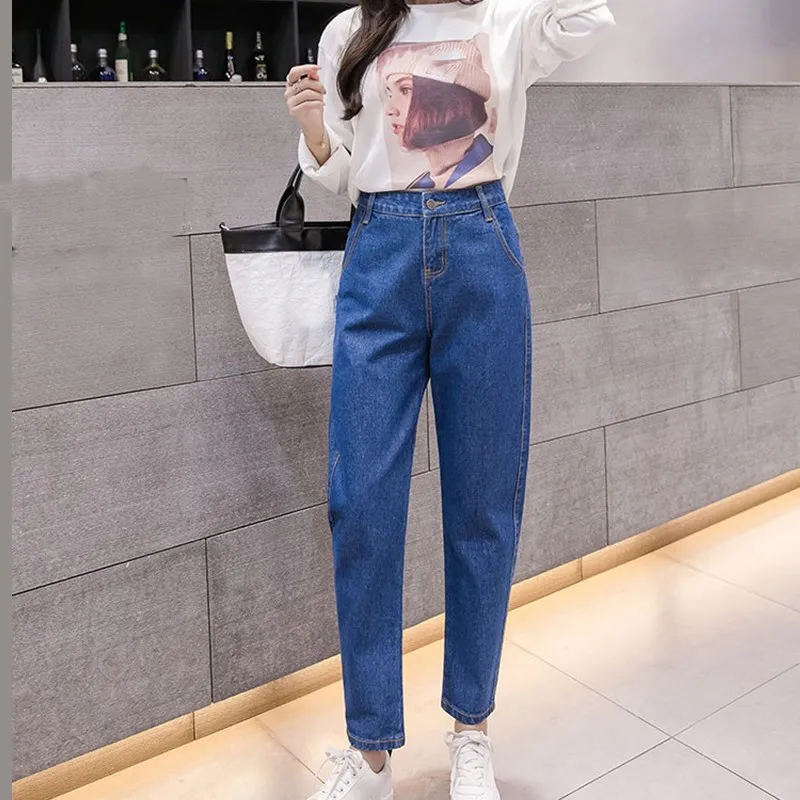 2018 Autumn Women Blue High Waist Loose Jeans Casual Mom Boyfriend Jeans Pencil Pants Black Pockets Button Denim Pants Jeans