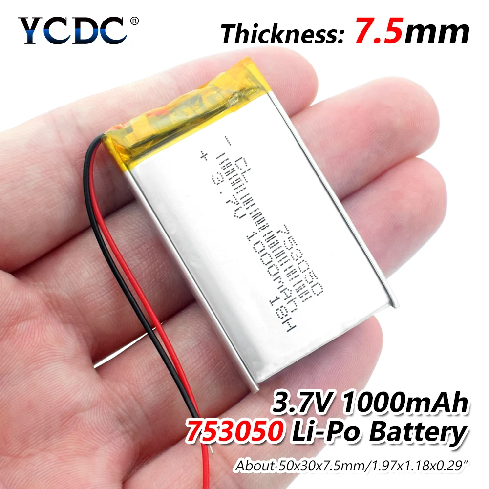 

1/2/4 Pieces Rechargeable 50x30x7.5mm 1000mAh Lithium Ion Battery 3.7v 753050 1000mAh Li Ion Polymer Batteries Long Lifespan