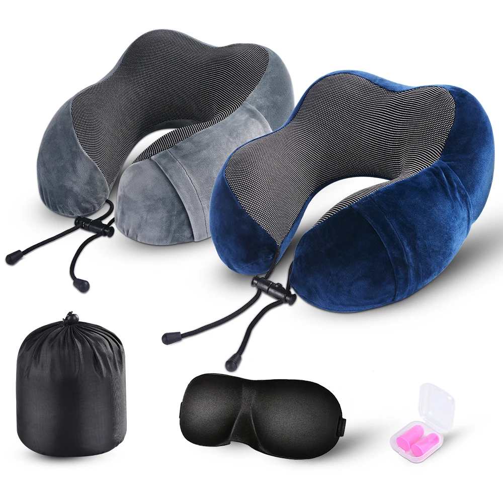 

U-Shape Massage Travel Pillow Memory Foam Neck Pillow Airplane Travel Kit with 3D Contoured Eye Masks, Earplugs and Luxury Bag