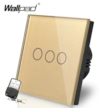 3 Gang Remote 110V-250V Wallpad Gold Tempered Glass Touch 3 Gang 2 Way RF433 EU UK Remote Control Wireless Switch Free Shipping 2 lamps dimmer touch switch 110v 250v wallpad glass led 2 gang dimmer control wall smart switch panel eu uk