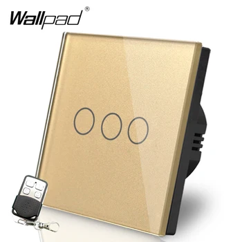 

3 Gang Remote 110V-250V Wallpad Gold Tempered Glass Touch 3 Gang 2 Way RF433 EU UK Remote Control Wireless Switch Free Shipping