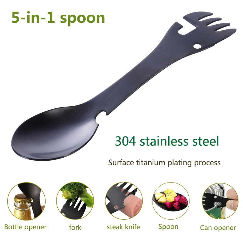 

5 in 1 Multi-functional Stainless Steel Outdoor Tools Camping Survival EDC Cutlery box +storage bag Kit Fork Opener
