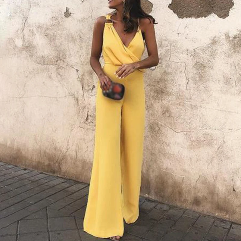 

Summer Solid Color Sling Slim Fit Bell-bottom Sexy Deep V Neck Sleeveless Women's Jumpsuit