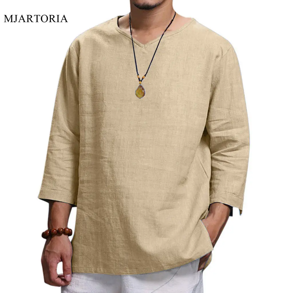 

MJARTORIA 2019 Men's Summer men shirt Cotton linen shirt men Hemp Top Three Quarter Sleeve Blouse Top Linen Tees Casual T-shirt