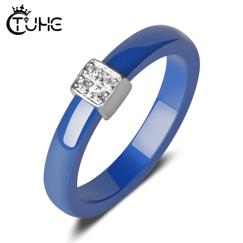 

Never Fade Blue Ceramic Rings With Bling Crystal Rhinestone Smooth Cozy Women Finger Rings Engagement Wedding Gift