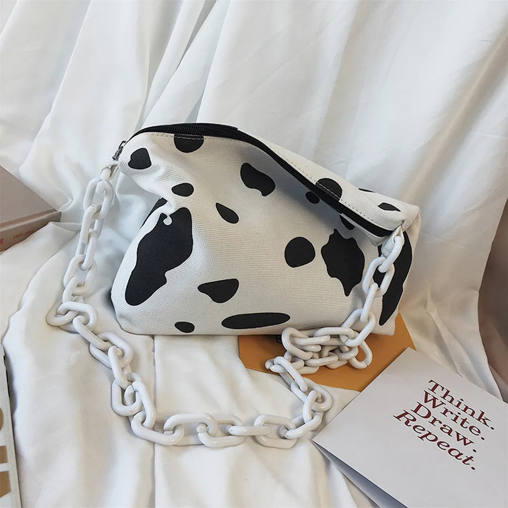 Женская сумка с принтом из молочной коровы, акриловая цепочка, сумки через плечо, милая Большая вместительная Холщовая Сумка через плечо для девочек, Сумочка Bolsas