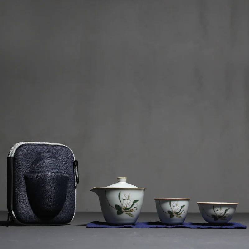 

PINNY Your Kiln Portable Porcelain Tea Set Ceramic Kung Fu Tea SetS 1 Pot 2 Cups Handpainted Flowers Travel Tea Service