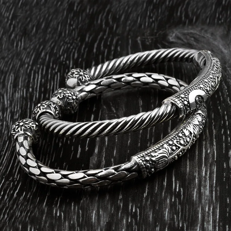

925 Sterling Silver Braided Twisted Wire Bracelet For Men and Women Personalitzed Opening Retro Cuff Bangles Viking