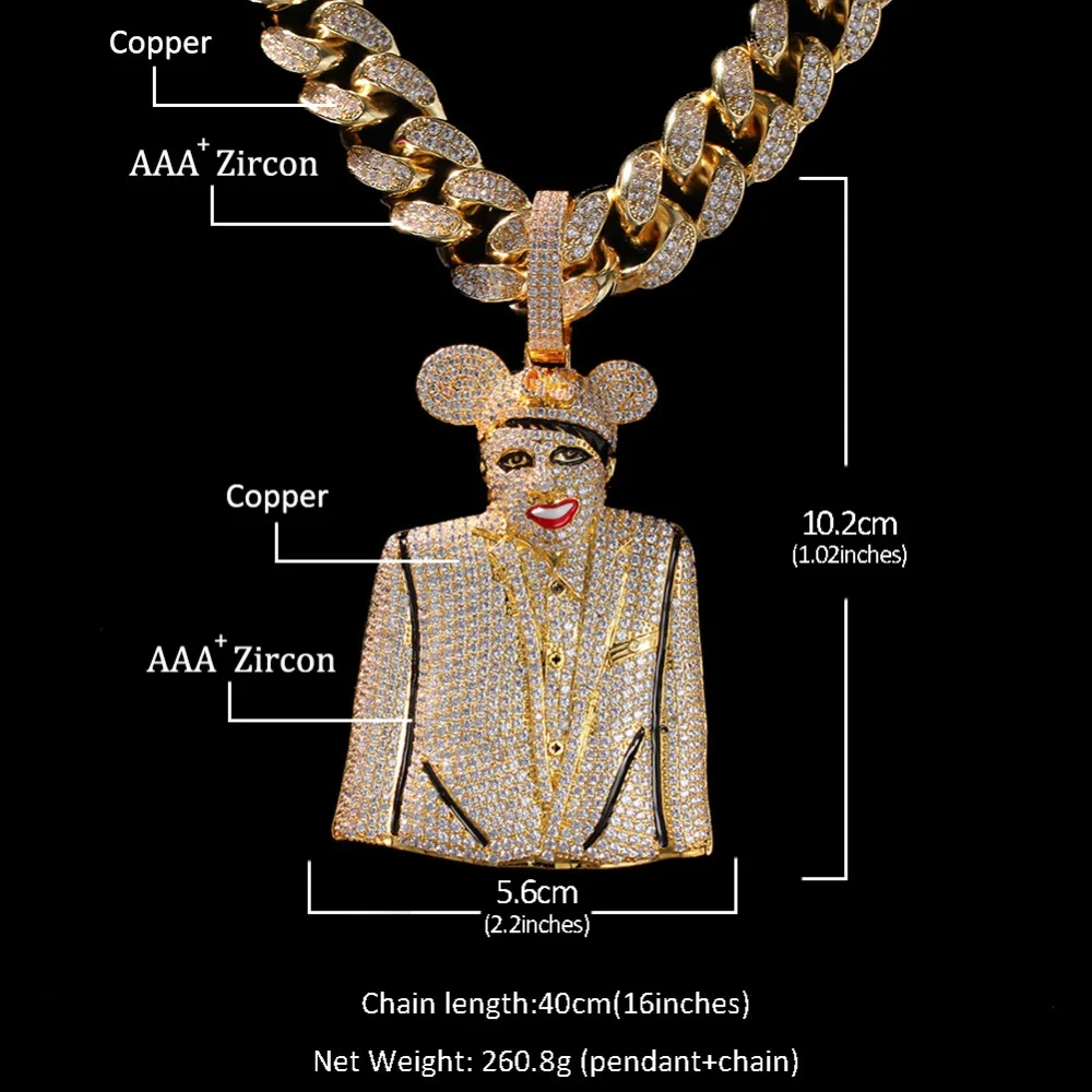 Большой размер AAA кубический цирконий Bling Iced Out Мэрилин Мэнсон Микки Подвески ожерелье для мужчин хип хоп рэппер ювелирные изделия