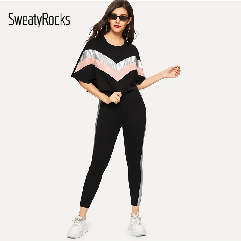 SweatyRocks Colorblock летучая мышь укороченный топ и контрастная панель брюки для девочек комплект повседневное Athleisure комплект из двух предметов для женщи