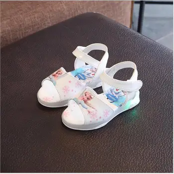 

2019 Kids Leather Flat Sandal For Girls Princess Elsa School Children Shoes light infant soft sandal baby cute Led summer shoes