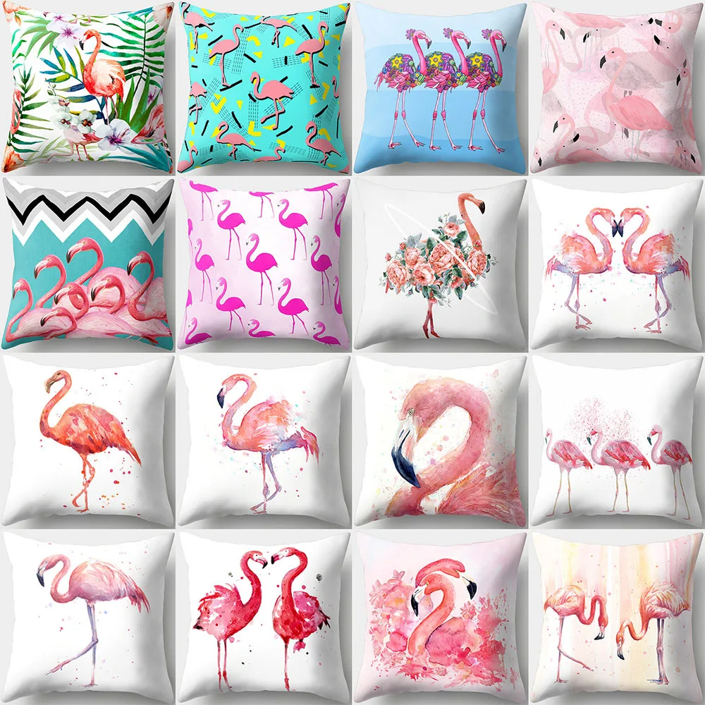 

Cotton Polyester Pink Cartoon Flamingo Colorful Floral Bird World Pattern Cushion Cover Bedroom Decoration Pillow Case
