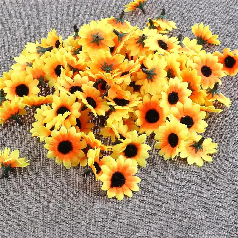 100pcs Lifelike Mini Artificial Flowers Silk Sunflowers Heads Wedding