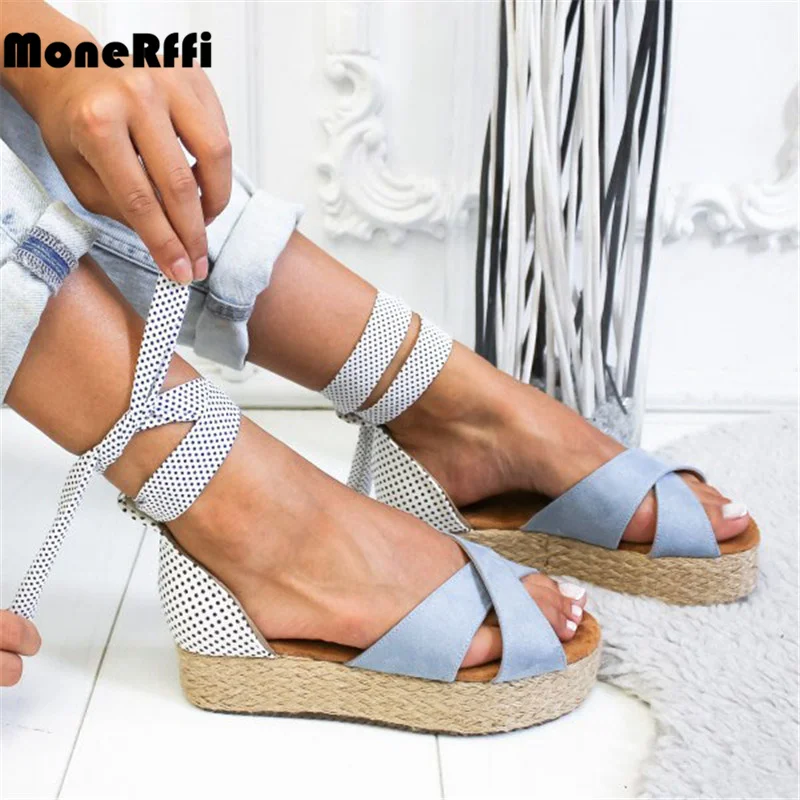 

MoneRffi Women's Sandal Ruffles Shoes Female Cross Bandage Sandals Summer Shoes Flats Lace-up Ankle Strap Sandalias Mujer 2019