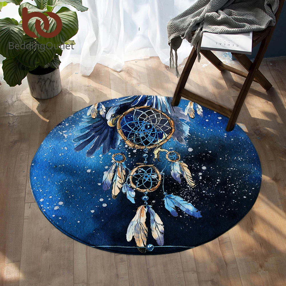 

BeddingOutlet Dreamcatcher Round Floor Carpet Blue Galaxy Living Room Area Rug Watercolor Bald Eagle Non-slip Kids Play Mat