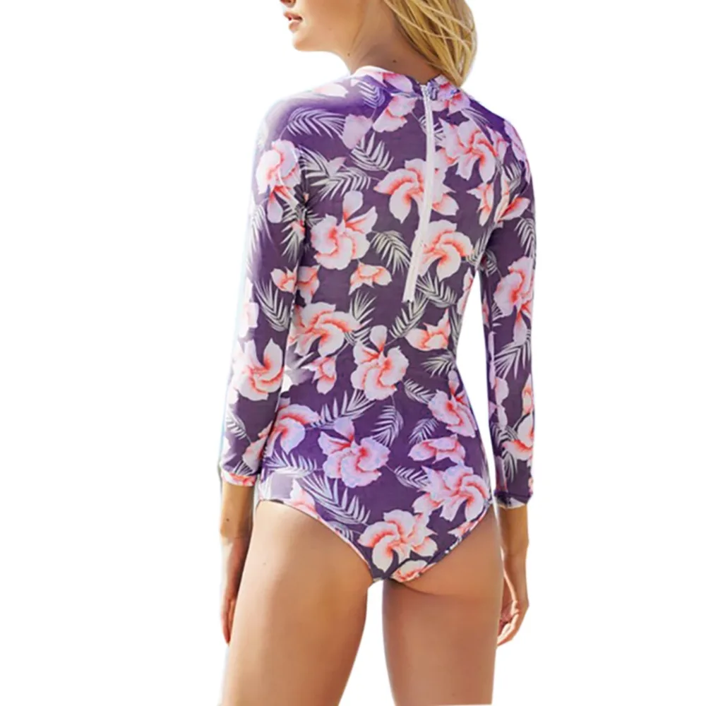 Sexy Rash Guards Women Summer Swim Printed Zipper Tight Gathering Suits