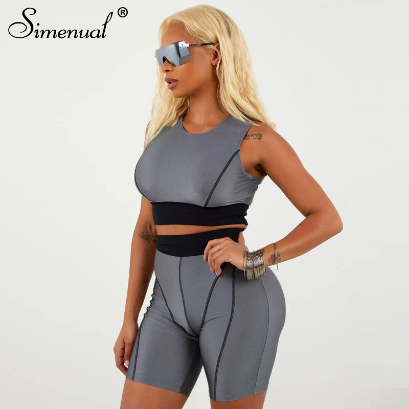 

Simenual Fitness Active Wear Neon Matching Sets Women Fashion Casual Patchwork Two Piece Tracksuit Crop Top And Biker Shorts Set