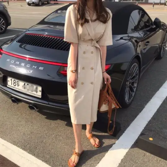

Summer Long Dress with Belt Short Sleeve Turn Down Collar Tunic Double Breasted Split Vestidos Work Office Bodycon Dress AE419