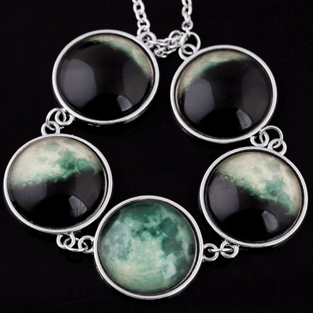 Luminous Glow in the Dark Lunar Moon Phase Glass Dome Cabochon Necklace