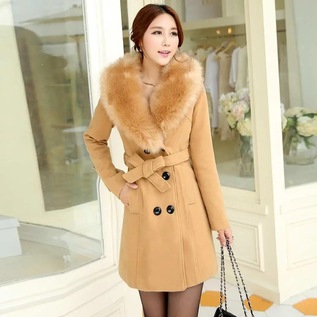 Manteau Sash Veste Boutonnage Fausse Col Plus Poches Mélange En Ceinture Fourrure Femmes Manteaux Double Longues Laine D'hiver Taille xxzwqCrE1