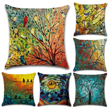 

Hundred Bird Forest Oil Painting Printed Linen Hug Throw Pillowcase Emerald Green Blue Yellow Flower Trees Cushion Cover Set