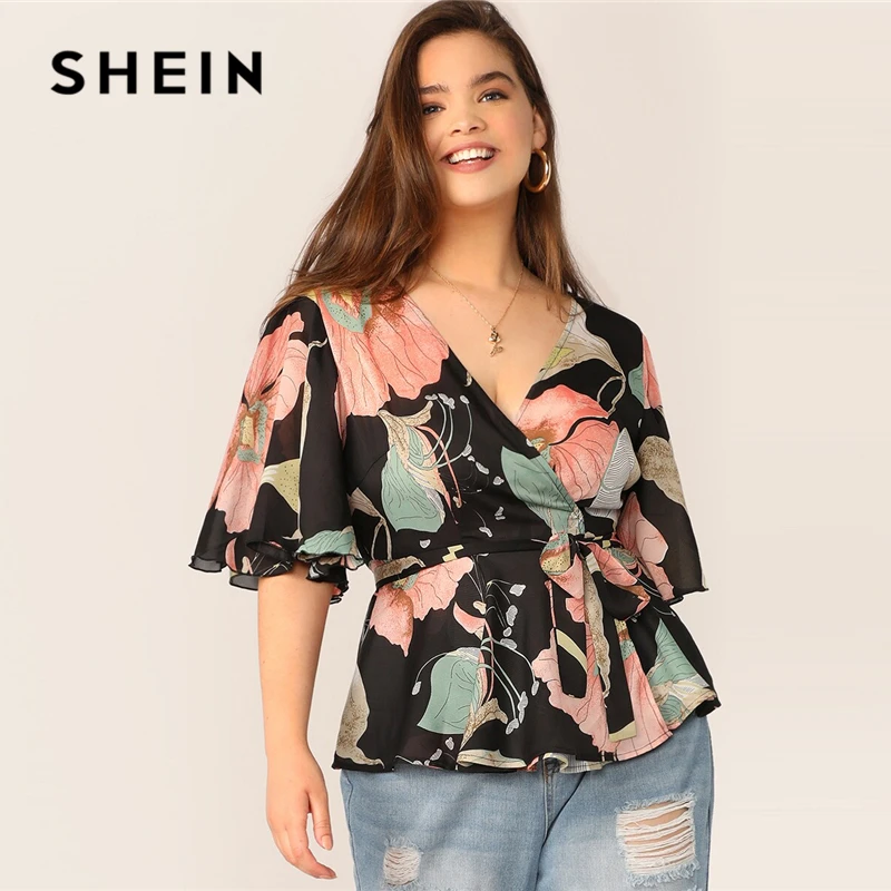 

SHEIN Plus Size Multicolor Flower Print Butterfly Sleeve Belted Wrap Top Blouse 2019 Women Summer Boho Half Sleeve Belted Blouse