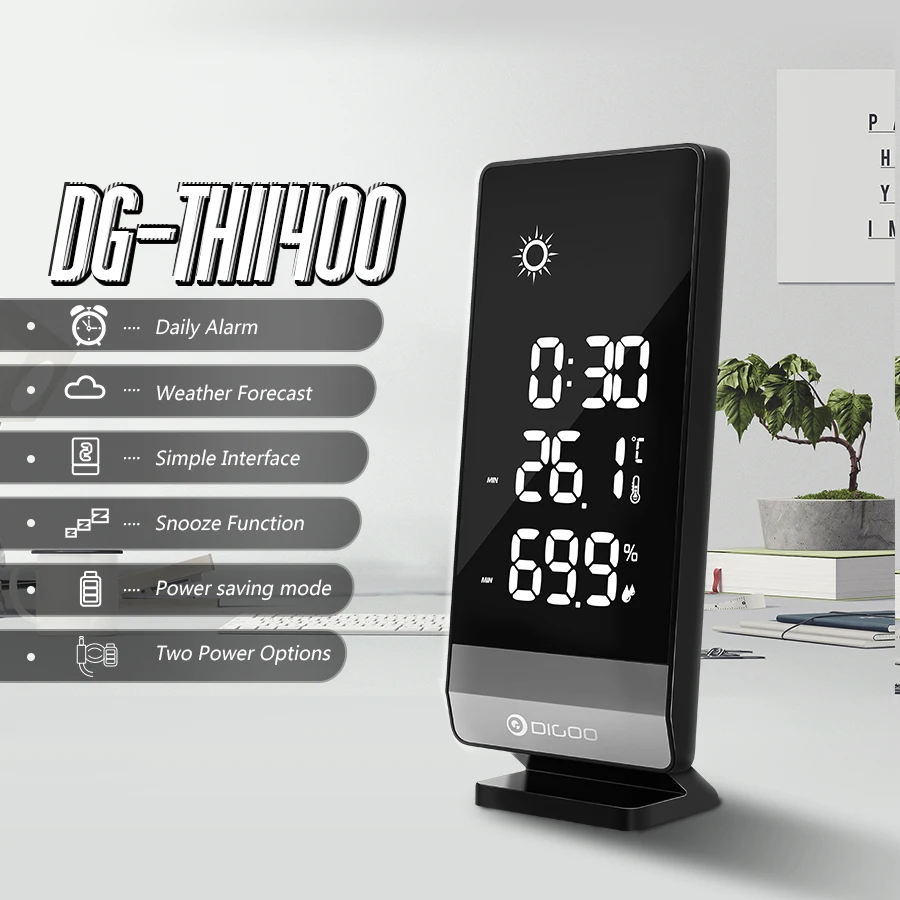 Digoo DG-TH11400, для дома, для погоды, цифровой измеритель температуры, гигрометр, для улицы, в помещении, будильник, 12/24 часов, дисплей