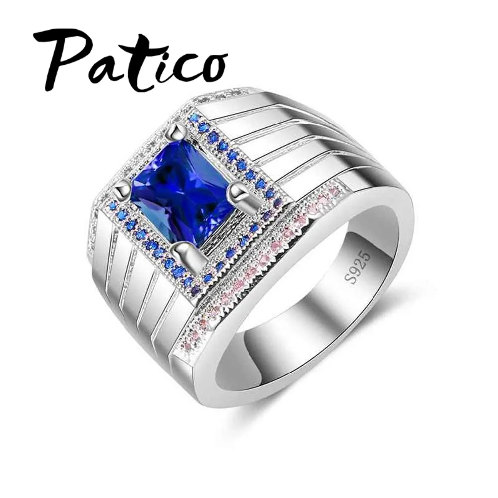 

PATICO Mens Rings 925 Sterling Silver Wedding Rings For Women Luxury Blue Cubic Zirconia Width Finger Rings Fashion Jewelry