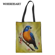 WHEREISART картина с птицами печатная черная холщовая многоразовая сумка для покупок тканевая сумка эко ежедневное использование складная сумочка плед Прямая поставка