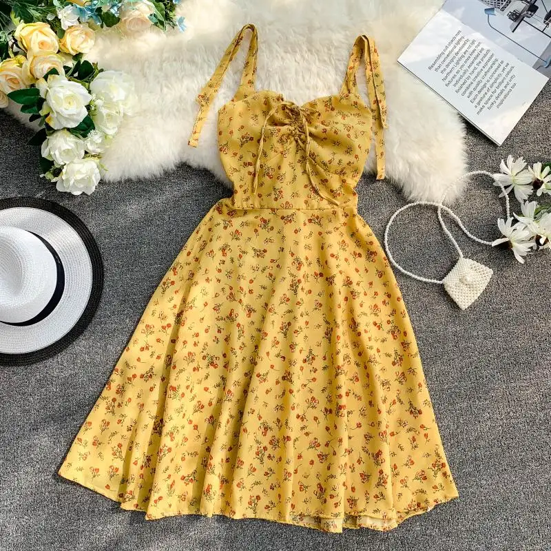 

Women Summer Chiffon Dress Sexy V Neck Bandage Mini Beach Robe Girls Vintage Floral Dot Printed Spaghetti Strap Dresses