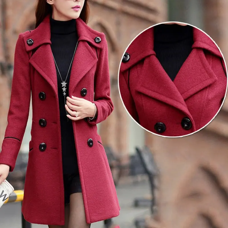 

Fashion Solid Winter Woolen Coats For Women Double Breasted Overcoat Turn-down Collar Slim Outerwear Female Trench Coat